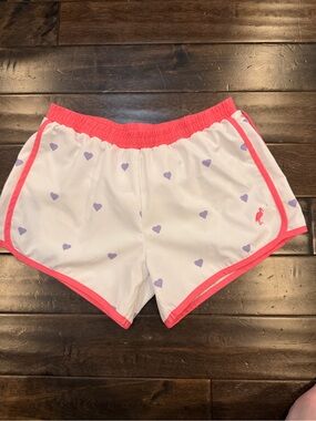The Beaufort Bonnet Company White Shorts with Lilac Hearts and Pink Trim